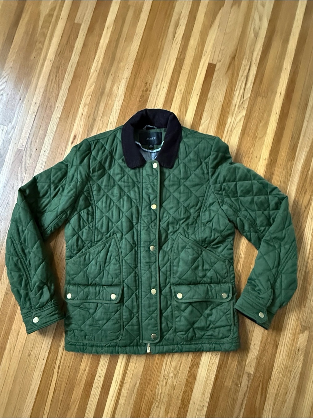 J. Crew Green Quilted Jacket with Brown Collar